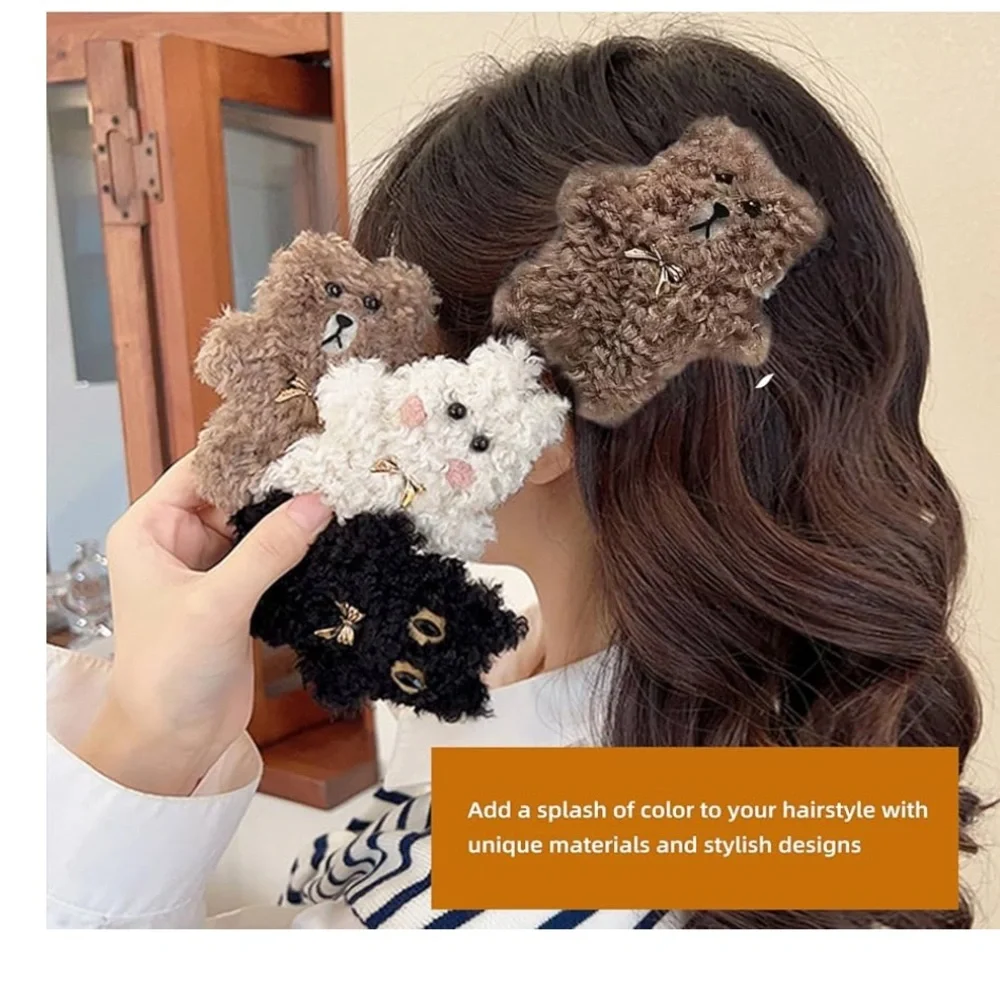 Furry Plush Hair Accessories Anti-Slip Hair Barrettes set 3 bear cat bunny new